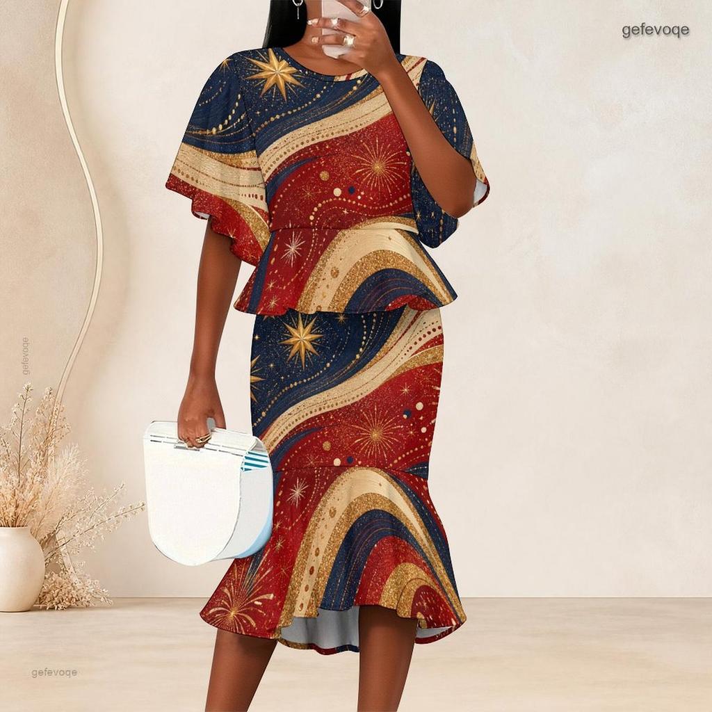 Women Plus Size Round Neck Batwing Sleeve Printed Red Blue White Ruffle Top Fishtail Skirt Two Piece Set