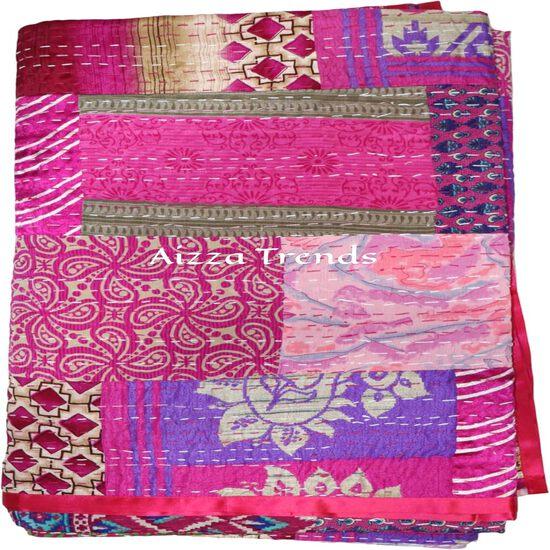 Aizza Trends Handmade Pure Cotton Patch and Patola Work Kantha Quilt - Traditional Indian Throw Blanket-Vintage Cotton Silk Saree Quilt