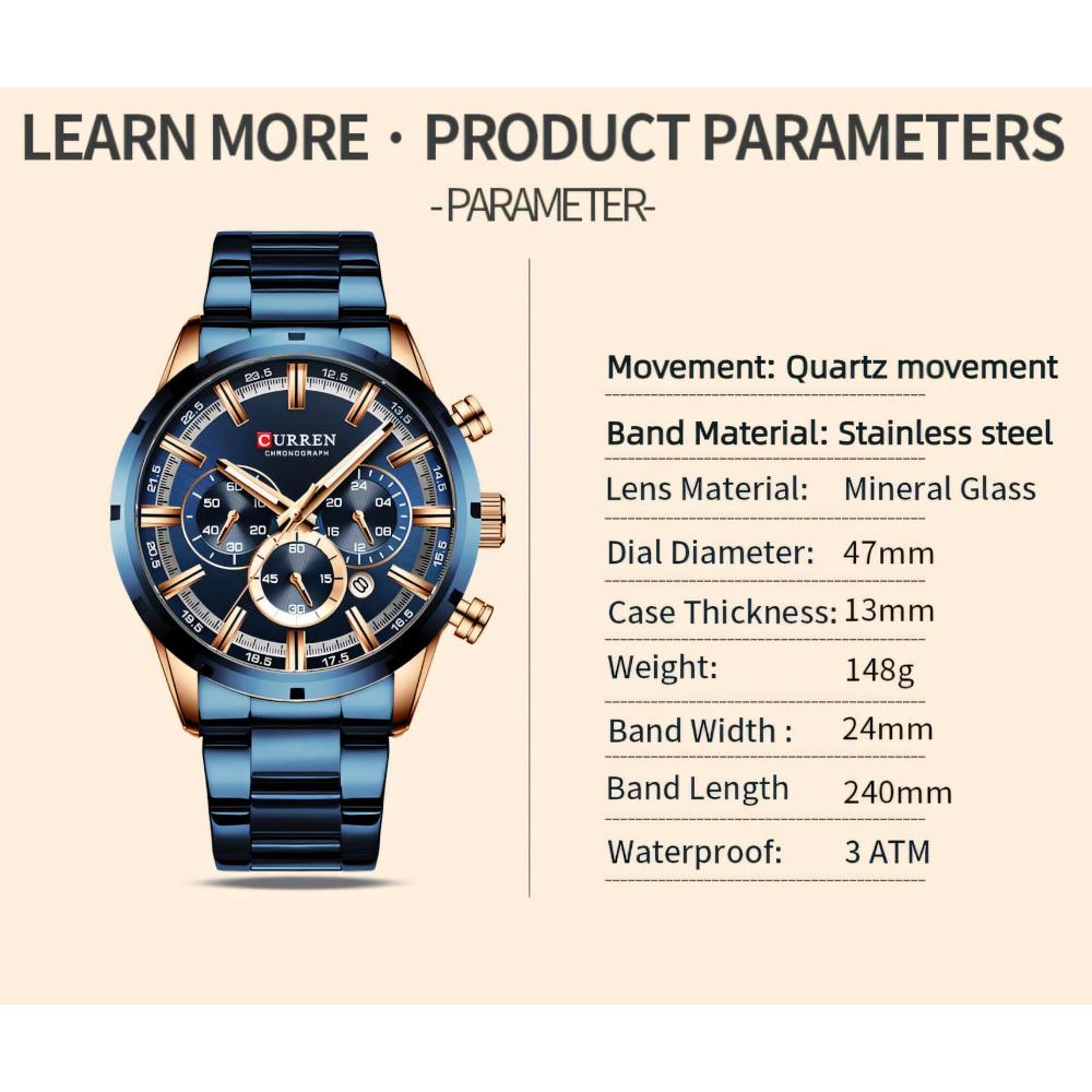CURREN Sports Watch Unique Design Stainless Steel Automatic Date Chronograph Men's Fashion Casual Quartz Watches