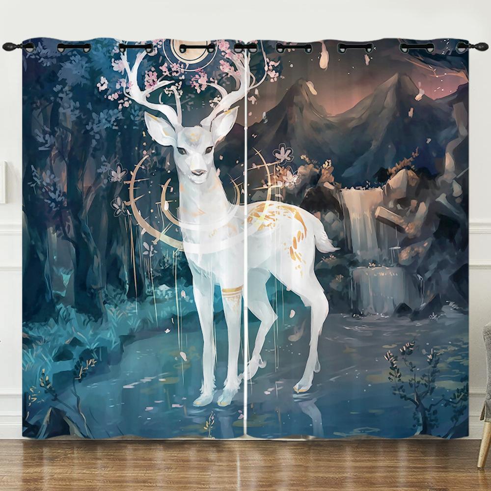 Анимация штор Мультяшный олень Олень мечты Цифровая печать Блэкаут штора Люверсы 2pcs*97cm*114cm*2
