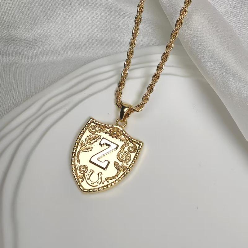 

Meier Classic retro shield letter necklace - hip hop punk style pendant - exquisite embossed floral design - versatile style 3.0 gold 60cm twist chain