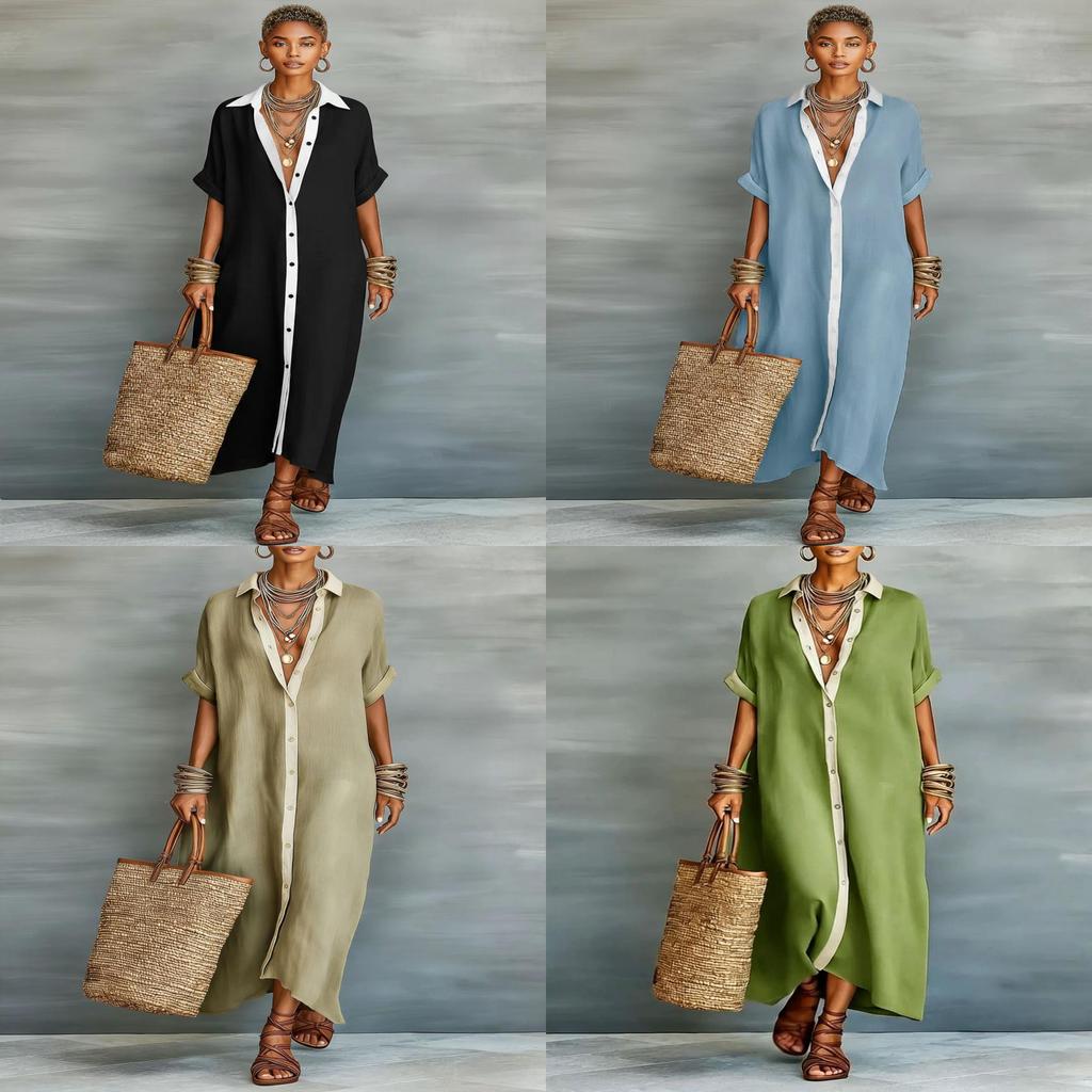 Abito Camicia Lungo Casual in Lino e Cotone Colorblock con Maniche Corte per l'Estate 2026