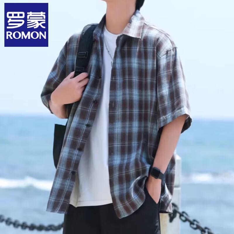 Romon Men s Plaid Short-Sleeve Casual Shirt 2XL