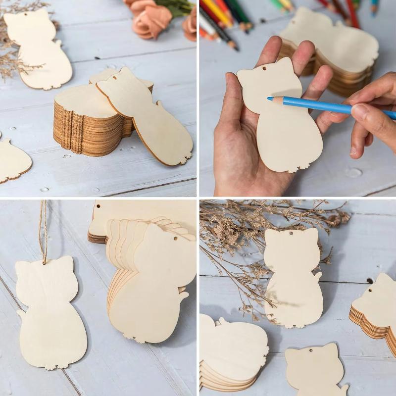 10pcs Unfinished Wooden Cat Cutouts With Holes Blank Natural Cartoon Tags Ornaments Pendants DIY Arts Crafts Party Decorations