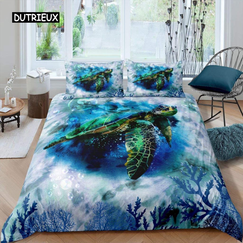 Sea Turtle Duvet Cover Sea Turtle Jellyfish Coral Reef Bedding Set Microfiber Blue Ocean Underwater World Queen King Quilt Cover