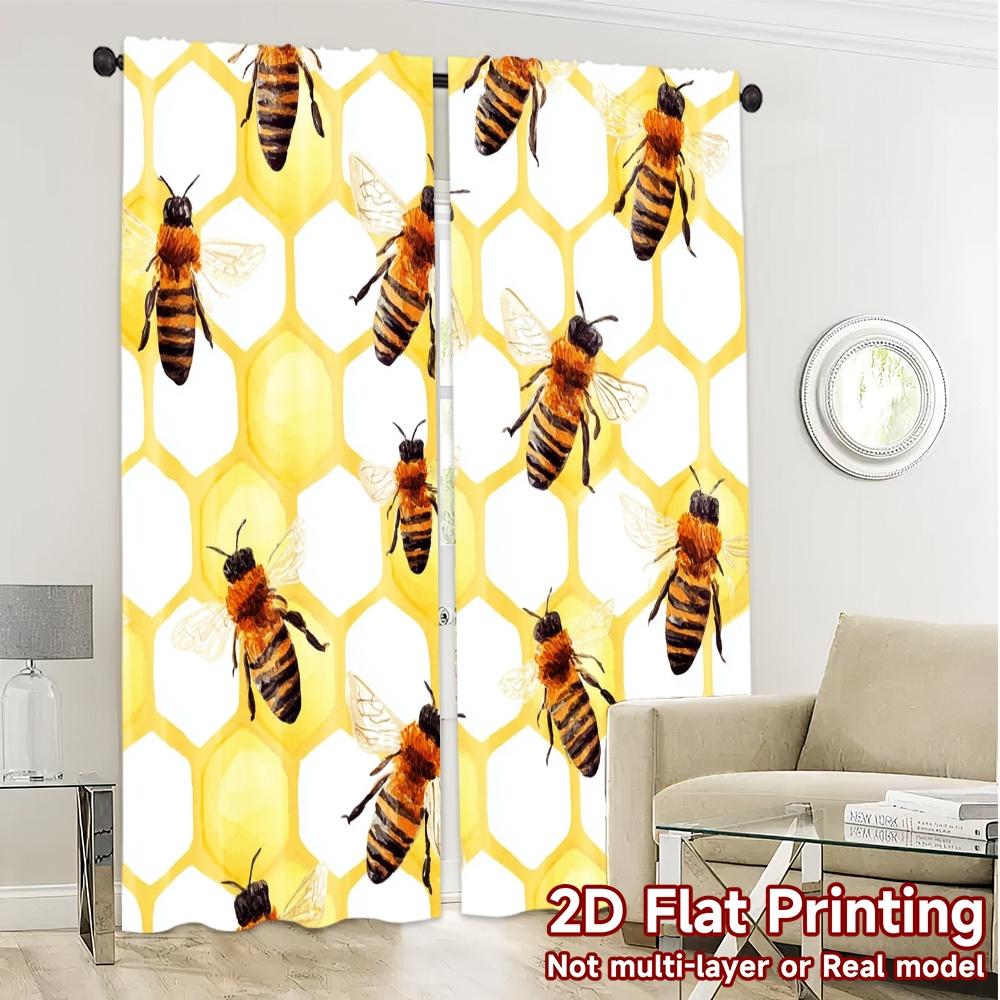 2pcs, 2D FLAT PRINTING Curtains (Without Rod) BeeHivePattern Popular Minimalist Curtains Polyester Easy Install Curtains