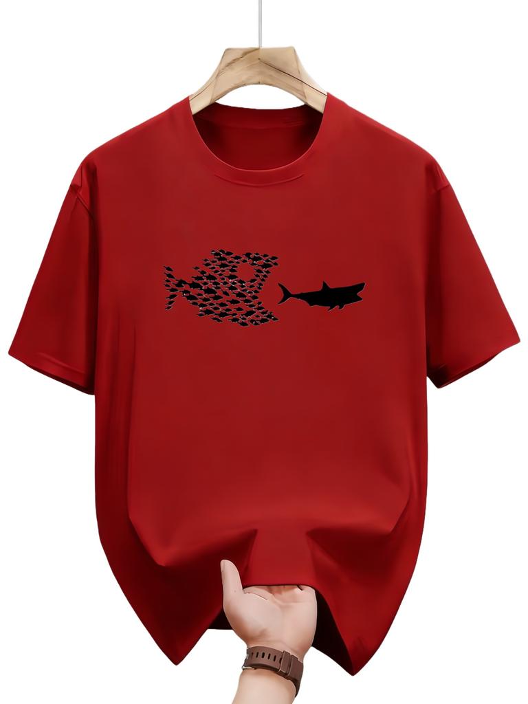 Mens Big Fish Eating Small Fish Pattern Summer Casual Round Neck Short Sleeve TShirt Men Clothing Comfortable