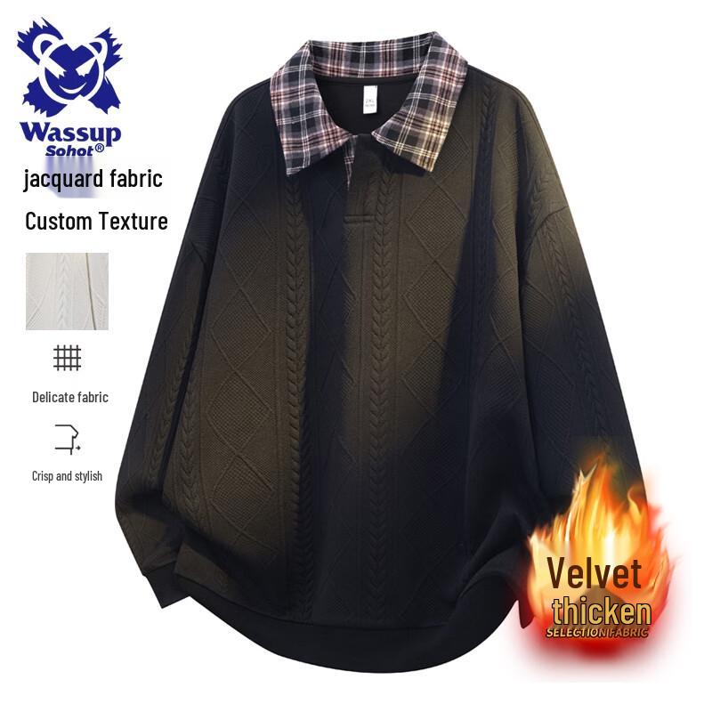 Wassup Sohot Men's American Style Color-block Lapel Fake Two-Piece Polo Sweatshirt