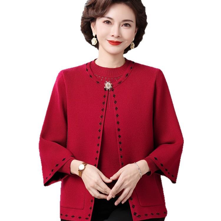 Autumn and Winter Sweater Fashion Cardigan Foreign Style Jacket New Chinese Mother Autumn Knitting Two-piece Set