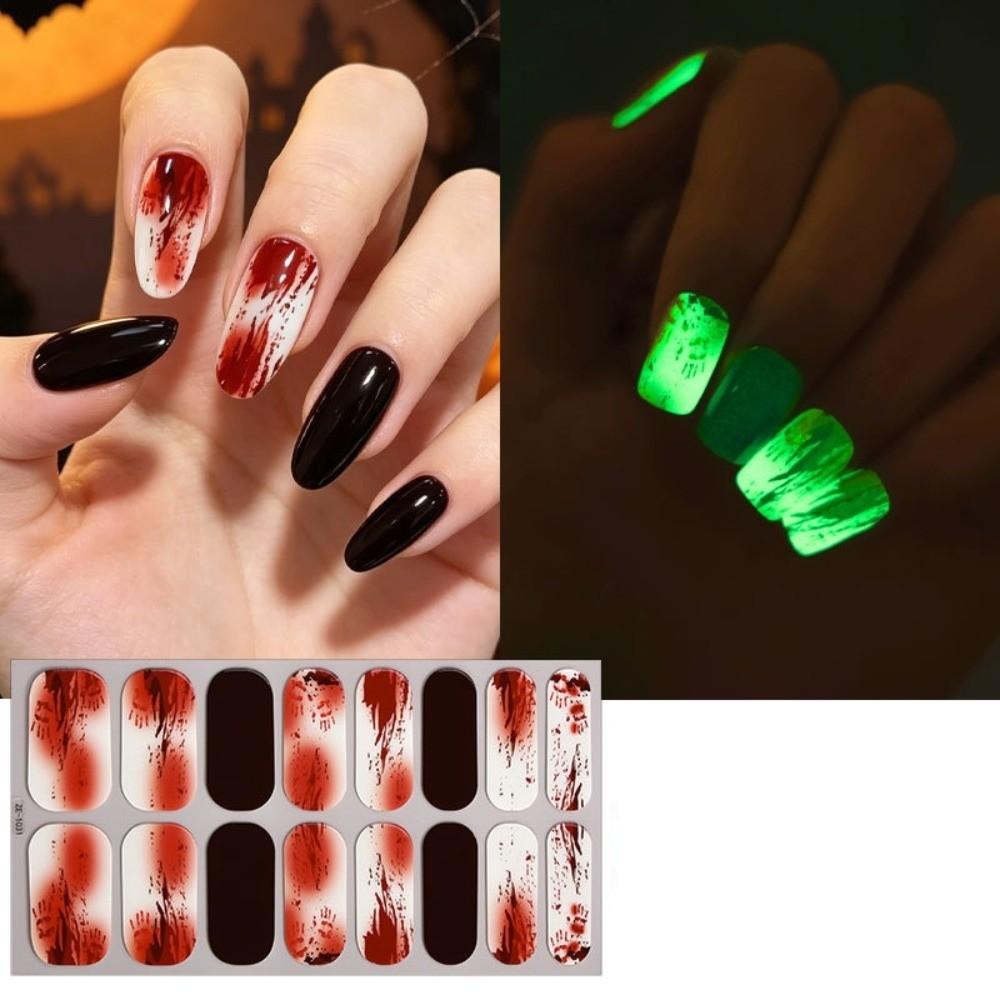 Bloodstain Halloween Luminous Nail Sticker Pumpkin 16 Fingers Set Nail Polish Sticker Beauty Care