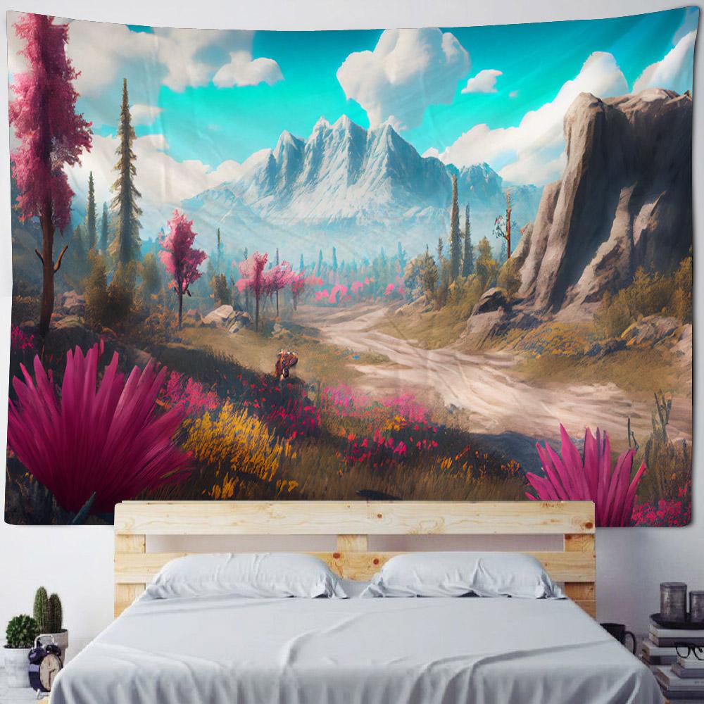 Beautiful wooden house, floral tapestry, forest landscape, home decoration hanging cloth, living room dormitory background cloth