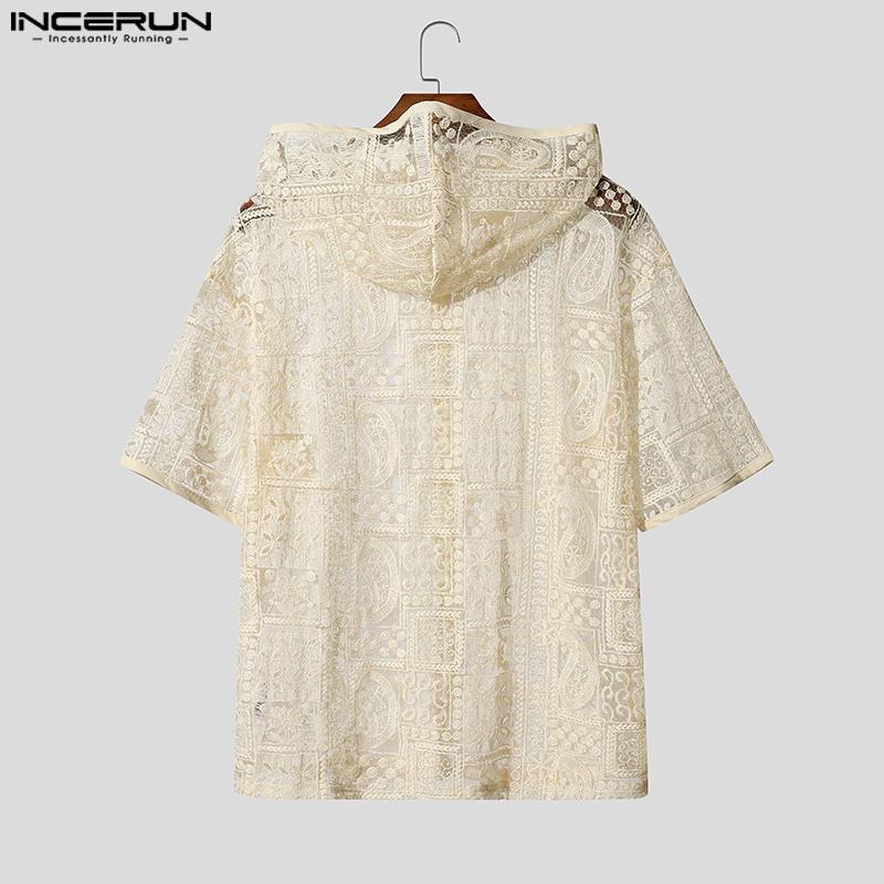 INCERUN Men Lapel Short Sleeve Lace Crochet Mesh Sheer Casual Loose Shirts Tops