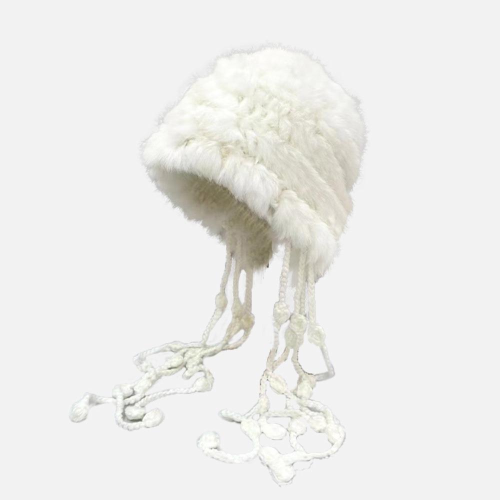 

Trendy Versatile Wool Hat Windproof Warm Tassel Hat Thickened Ear Protection Hat Winter Outdoor Activities білий