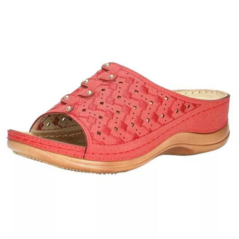 

Summer new flat bottom carved hollow rivets fish mouth cool slippers women wish large size women s slippers 35 красный