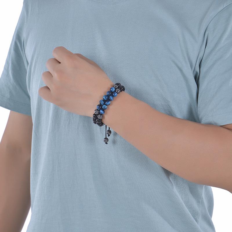 Handmade Double-Layer Blue Tiger Eye & Obsidian Bracelet for Men