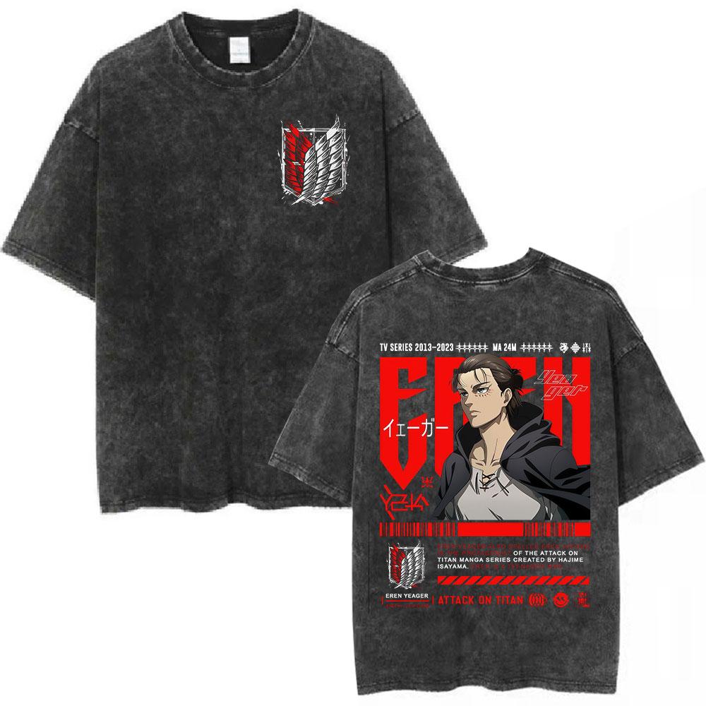 T-shirt Anime Attack on Titan Eren Jaeger pour homme et femme, mode vintage, manches courtes, coton, t-shirts oversize, streetwear S разноцветный