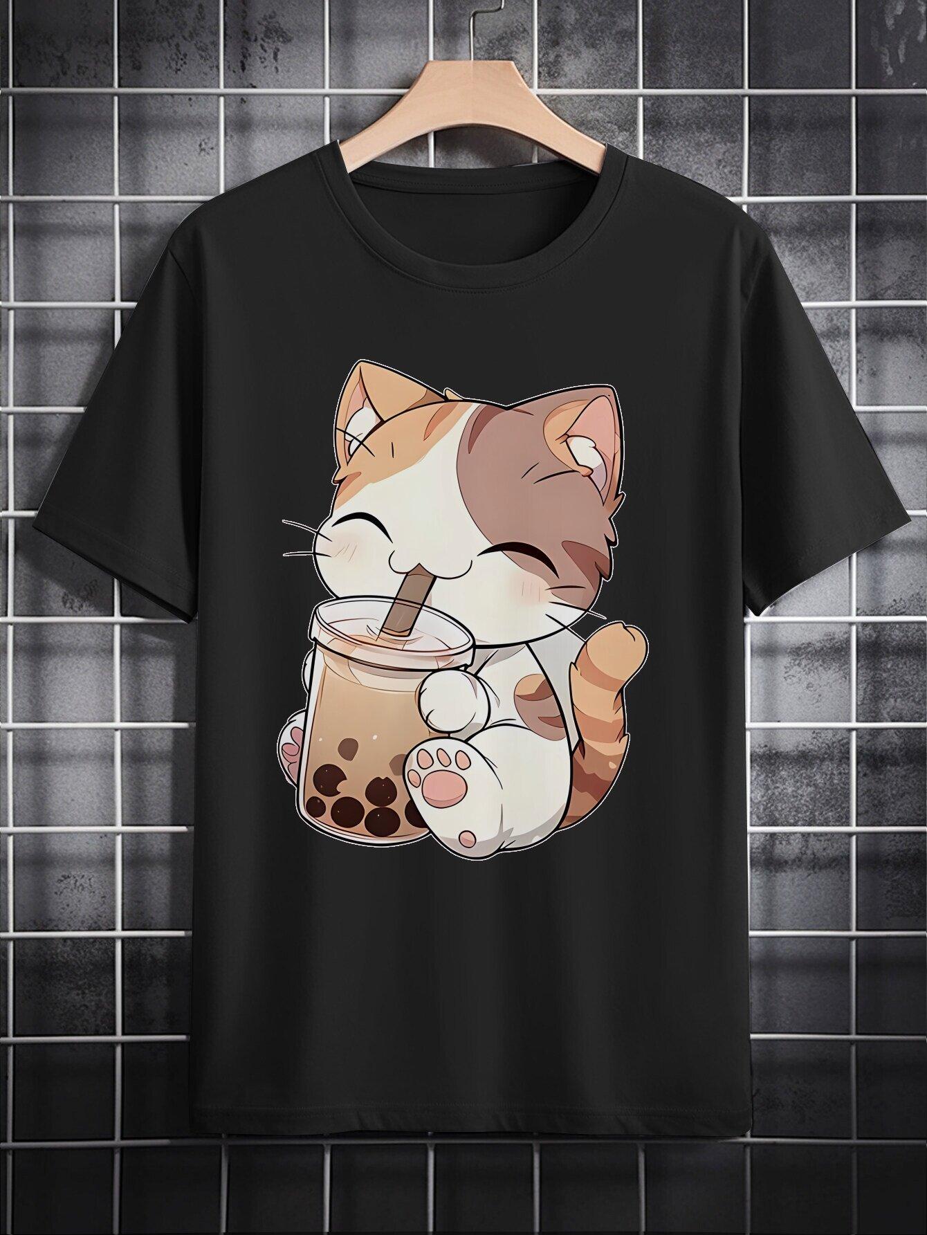 Casual Crew Neck T-shirt with Cute Cat Print S