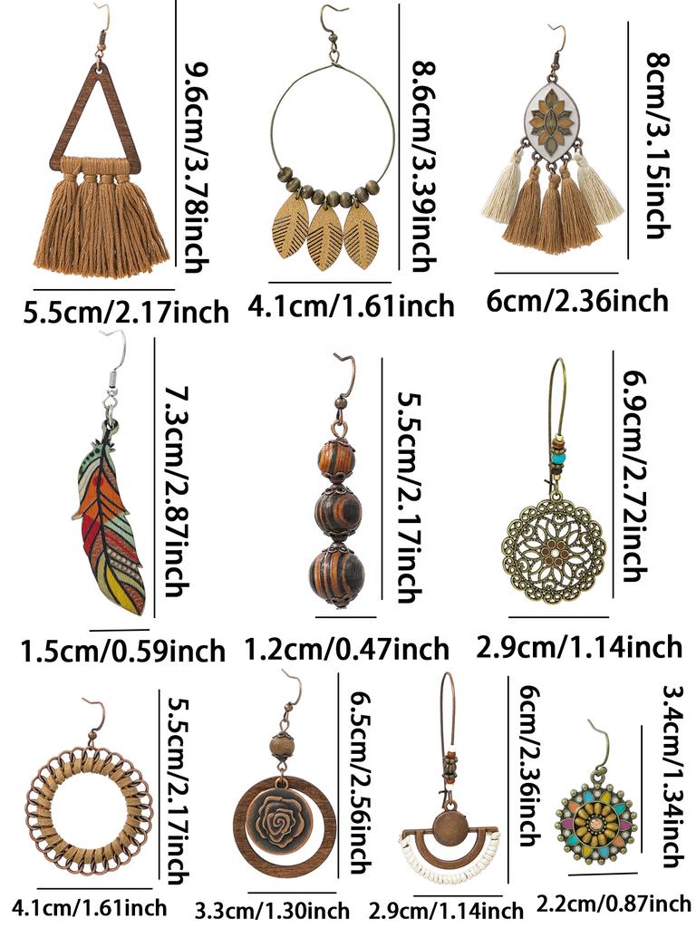 Boho Vintage Coffee Color Dangle Earrings for Women Geometric Tribal Style Tassel Eardrop Party Decors Daily Wear Gift Versatile