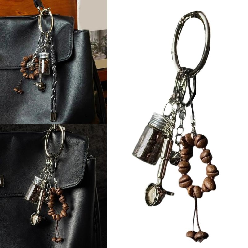 Coffee Lover Gift Resin Metal Keychain Vintage Braided Cord Design Compact Keyring for Accessories