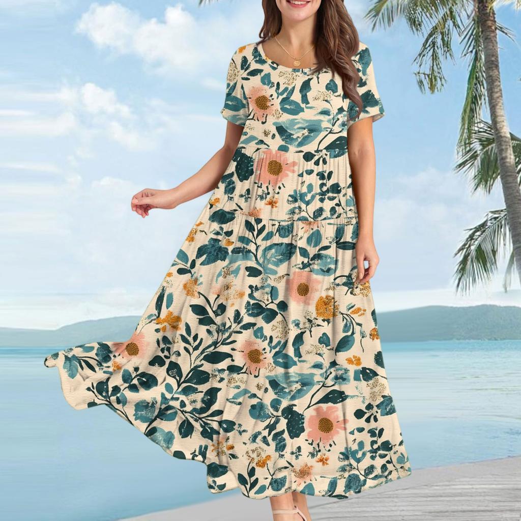 Women's Casual Loose Bohemian Floral Print Short Sleeve Dress