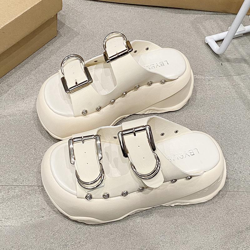 Fashion 8CM Heels Chunky Slippers Women Open Toe High Platform Leather Sandals Woman New Summer Thick Bottom Beach Buckle Shoes