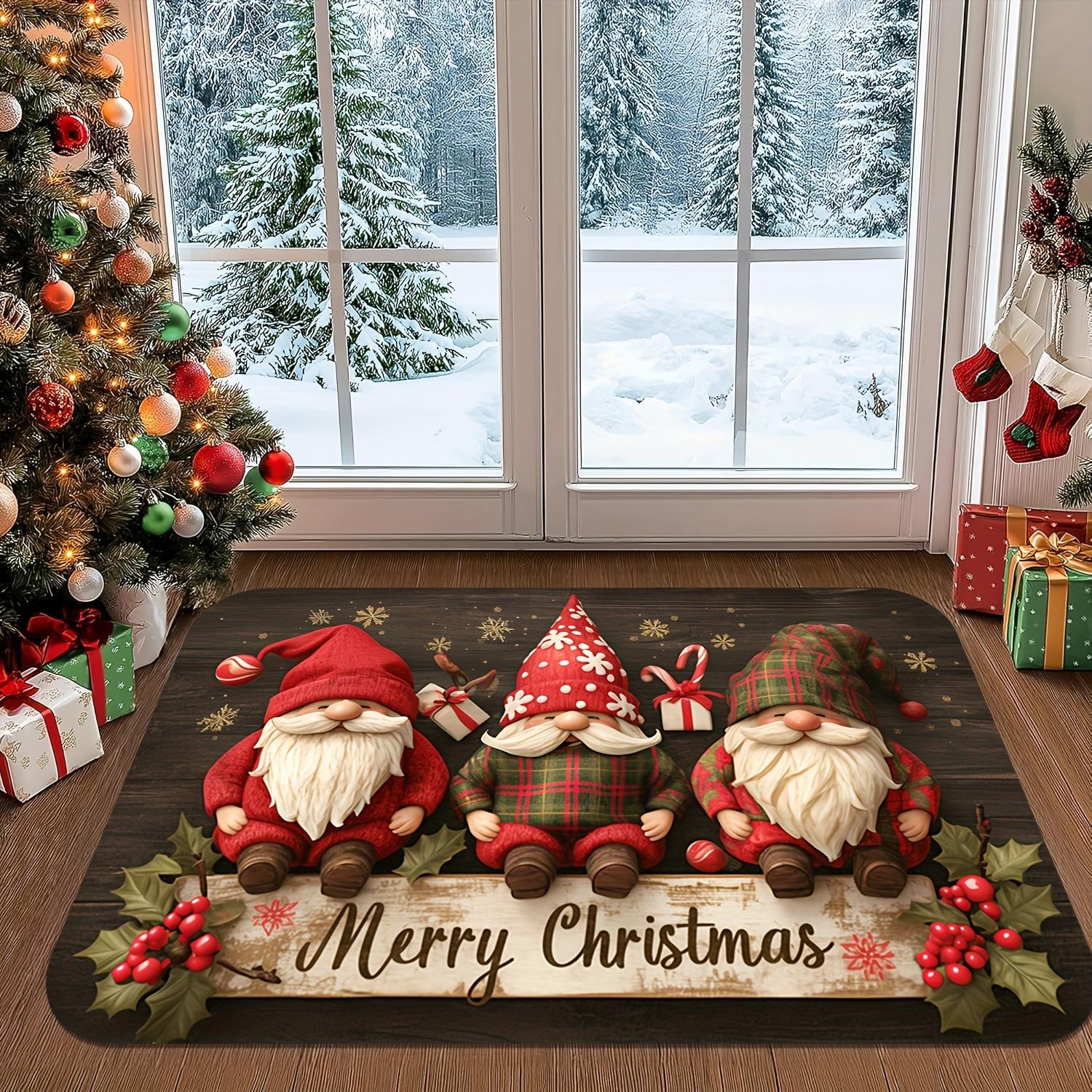 

Christmas Gnome Checkered Doormat, Plush Machine Rug, Holly Berry Design for Front Door, Living Room, Kitchen, Festive Decor 40x60cm