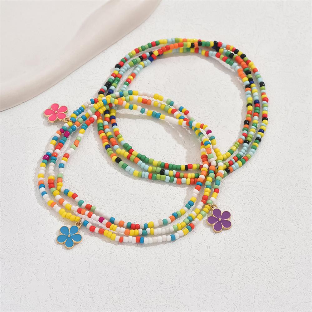 Pink Purple Blue Small Flower Pendant Anklets For Women Rainbow Beads Foot Chain Beach Jewelry Ankle Bracelet Summer Accessories
