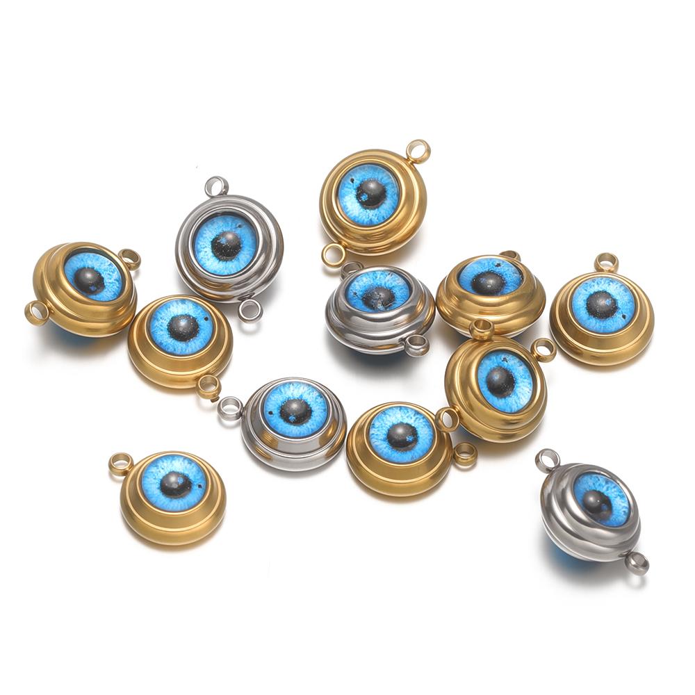 10 Stück Edelstahl 10mm Blaue Augen Abstandshalter Anhänger für DIY Boho Schmuckherstellung Halsketten Zubehör Armband Ohrringe Verbinder