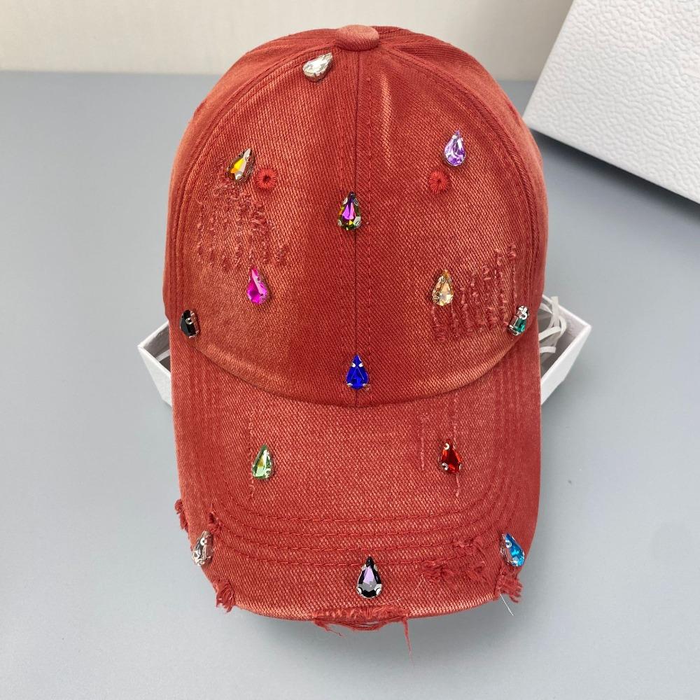 

Creative Full Rhinestone Baseball Hat Distressed Design Sunshade Hat Sunscreen Hat Street темно-красного