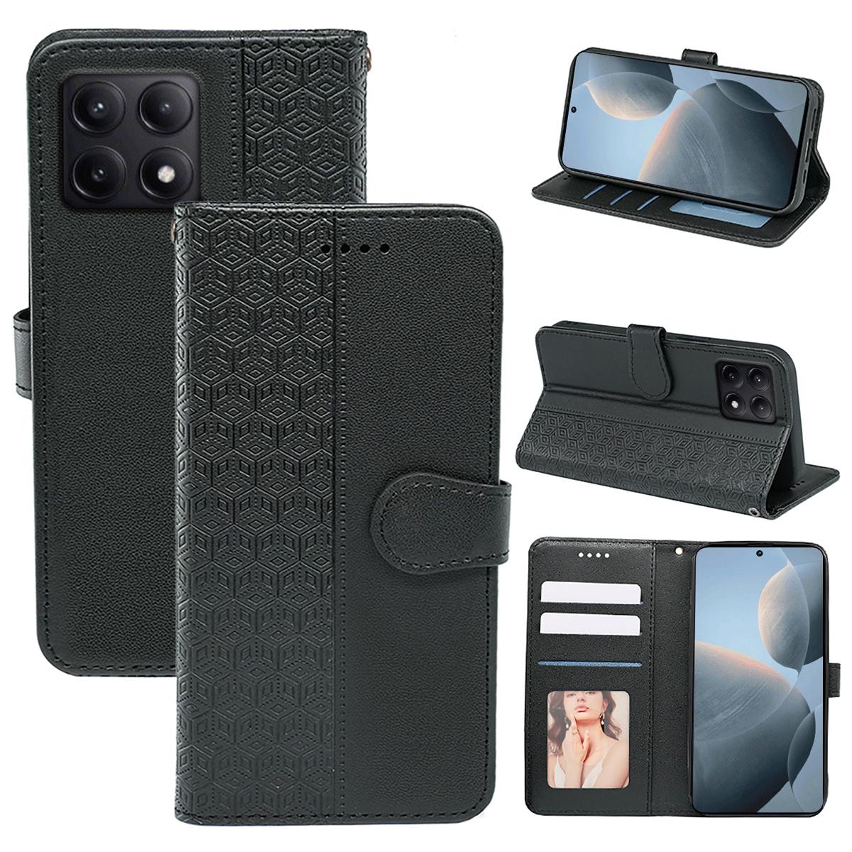 

For Xiaomi Poco F6 Pro 5G/Redmi K70 5G/K70 Pro 5G Case Cubic Grid Leather Wallet Phone Cover Black