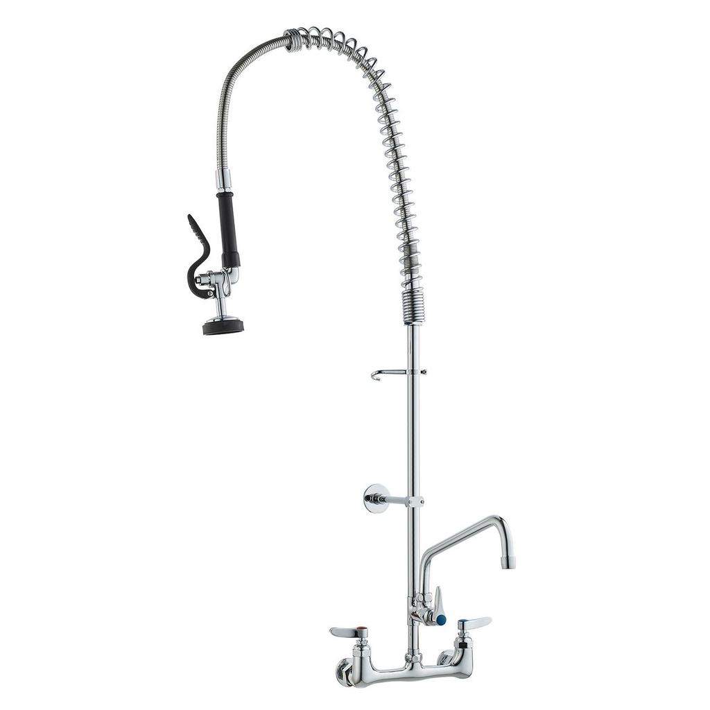 Commercial Faucet with Pre-Rinse Sprayer, 44" Height, 8" Center, 12" Swing Spout, Wall Mount Kitchen Sink Faucet, Brass Constructed Device with Pull