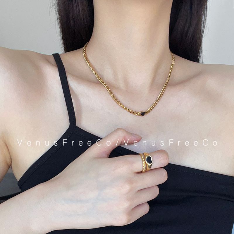

Venusfreeco High Color Retention 18K Gold Plated Sweet Cool Black Heart Slim Chain Clavicle Necklace Twin Fashion 39Cm+4Cm