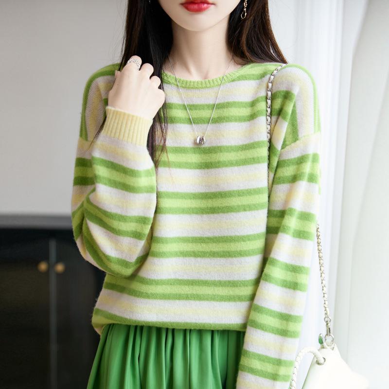 Women's Colorful Striped Wool Knitwear Top - 2025 Autumn/Winter, Long Sleeve, Loose Fit, Trendy Cashmere Base Layer
