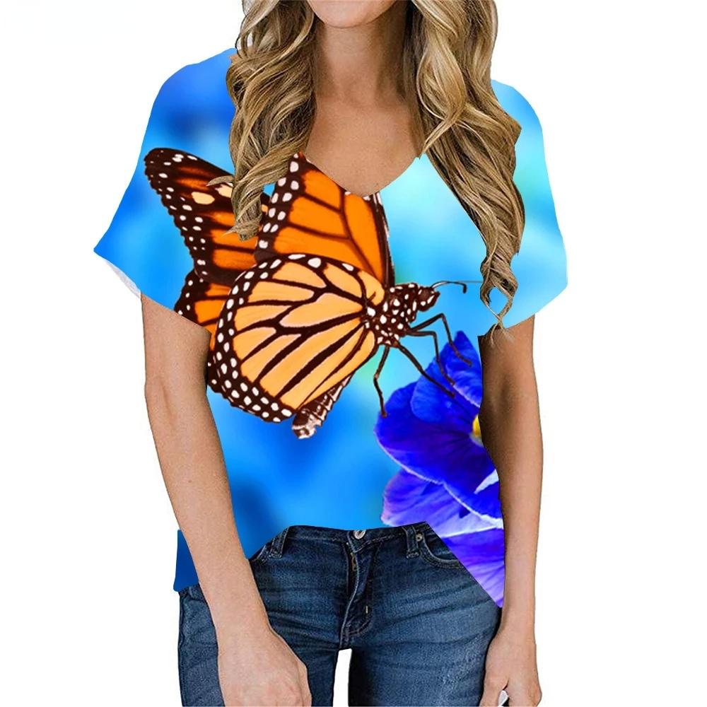 Fashion Spring Butterfly Print Blouses Short Sleeved V-Neck T Shirts Casual