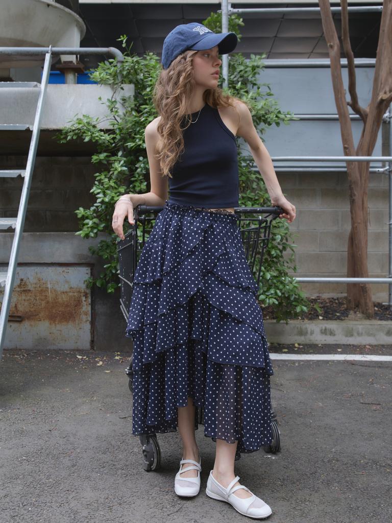 Eseuwaitussi Dot Ruffle Long Skirt_2Color