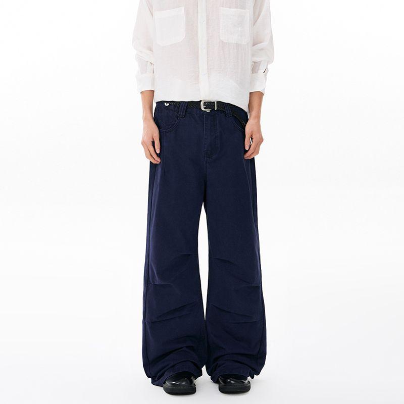 American retro trendy brand pleated design casual pants men's trend fashion loose wide-leg straight overalls