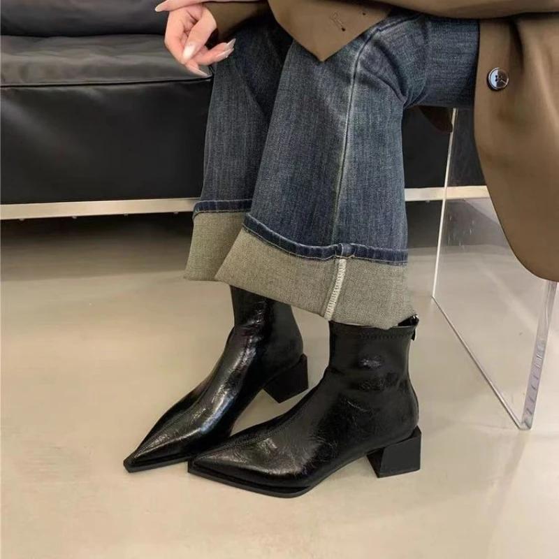 2026 Mode Spitzschuh Moderne Damen Kurze Stiefel Schuhe Damen Quadratische Absätze Frauen Knöchel Stretch Stiefel Reißverschlüsse Schuhe Pumps 35-42