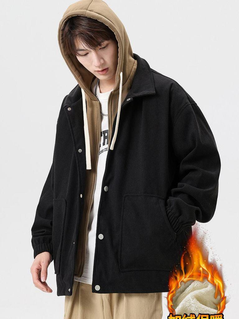 Japanese Trendy Corduroy Hooded Jacket with Fleece Lining: Autumn/Winter Hong Kong Style for Men