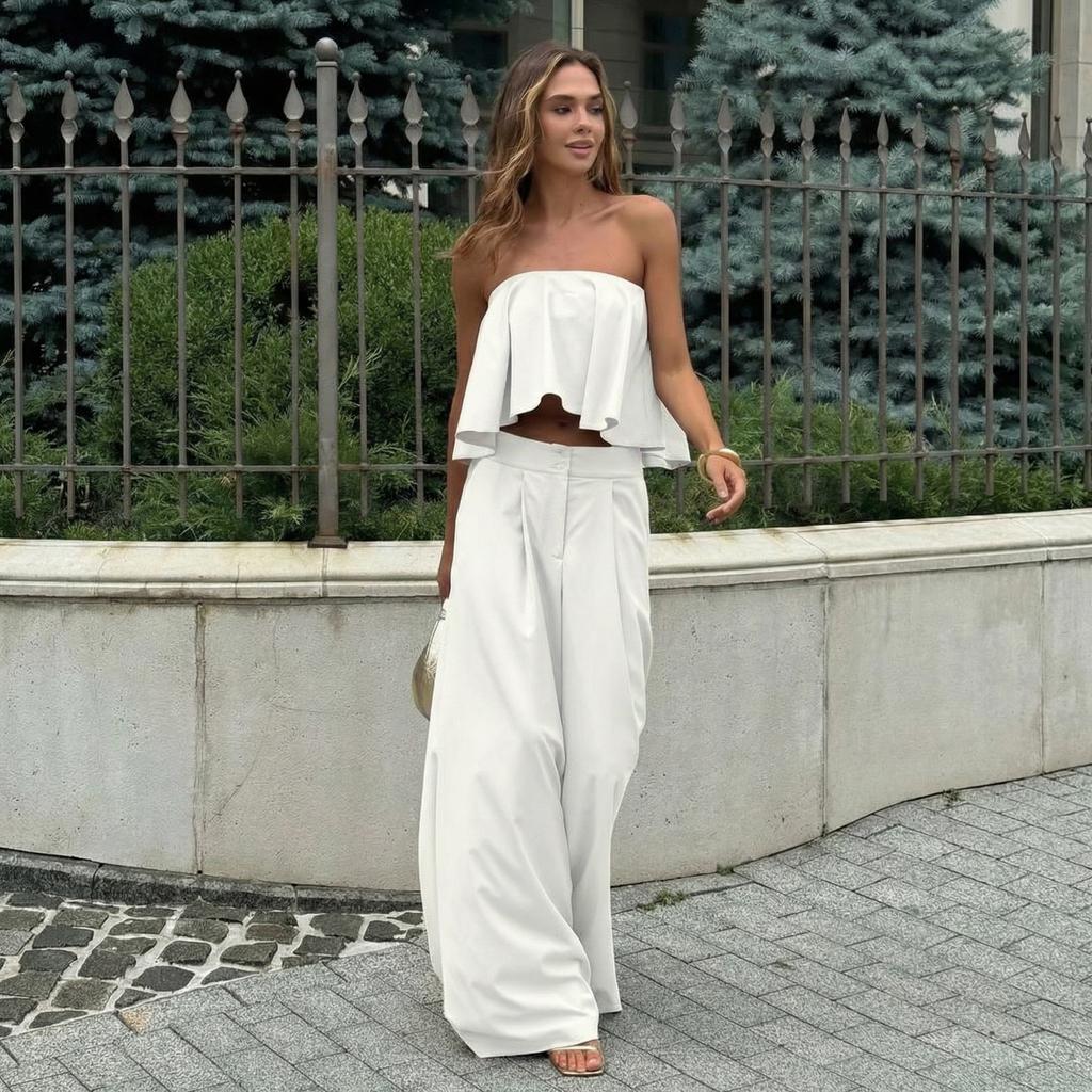 1116 Summer European and American Women's Clothing Suit Spice Girl Style Sleeveless Tube Top Small Tank Trousers Wide Leg Pants Two-piece Set
