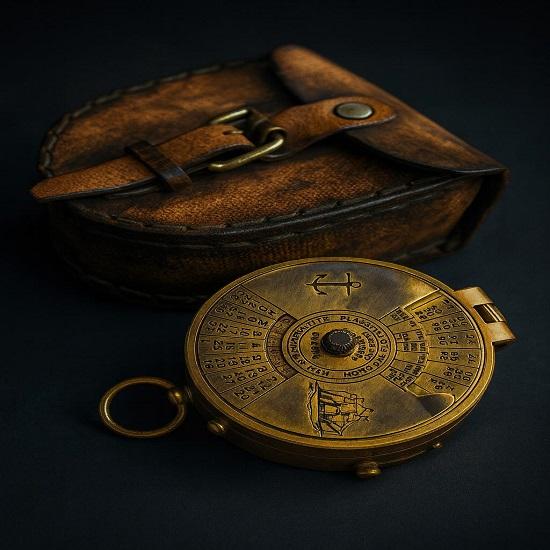 Nautical Brass Compass with 100-Year Calendar, Custom Engraved with Leather Case