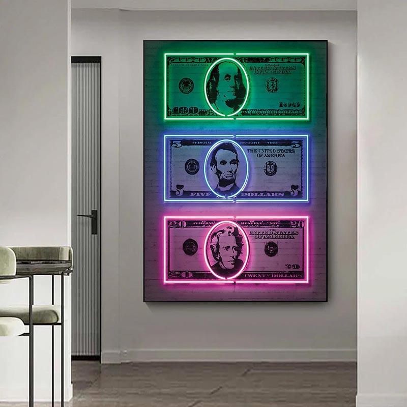 Neon Money Canvas Art Paintings Money Art Dollar Sign Print Poster Pop Street Decorative Pictures Home Office Murals Unframed