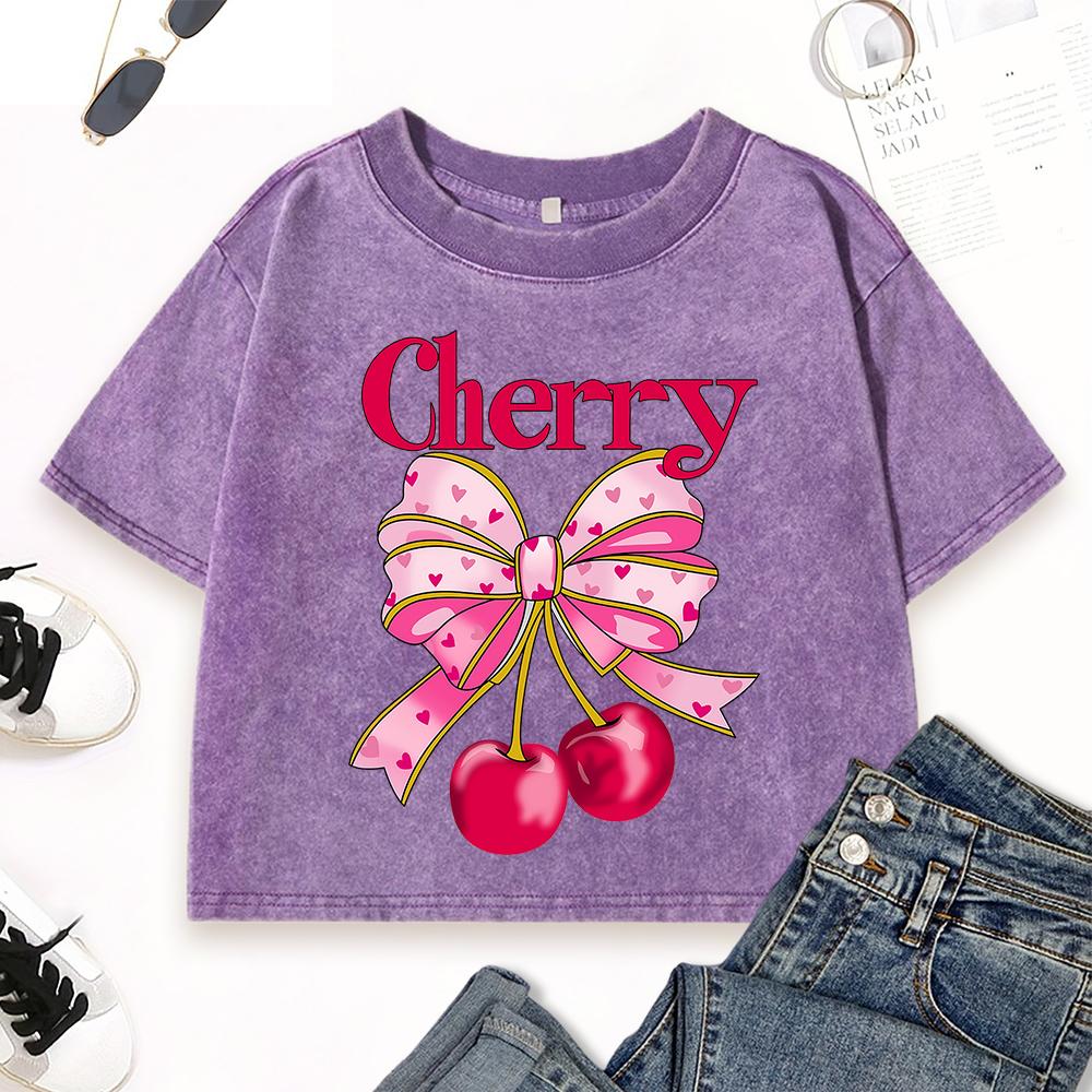 Pink Bow Cherry Fruit Printing Women Washed T Shirt Street Crewneck Top Casual Summer Short Sleeve Cotton T-Shirts