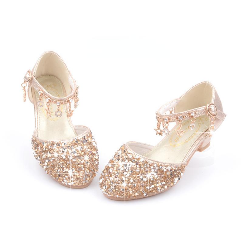 Fashion Kid Leather Shoe 2024 Summer Sequin Princess Shoe Crystal High Heel Sandals Kid Shoes Girl Dresses Mary Jane Girl Shoes