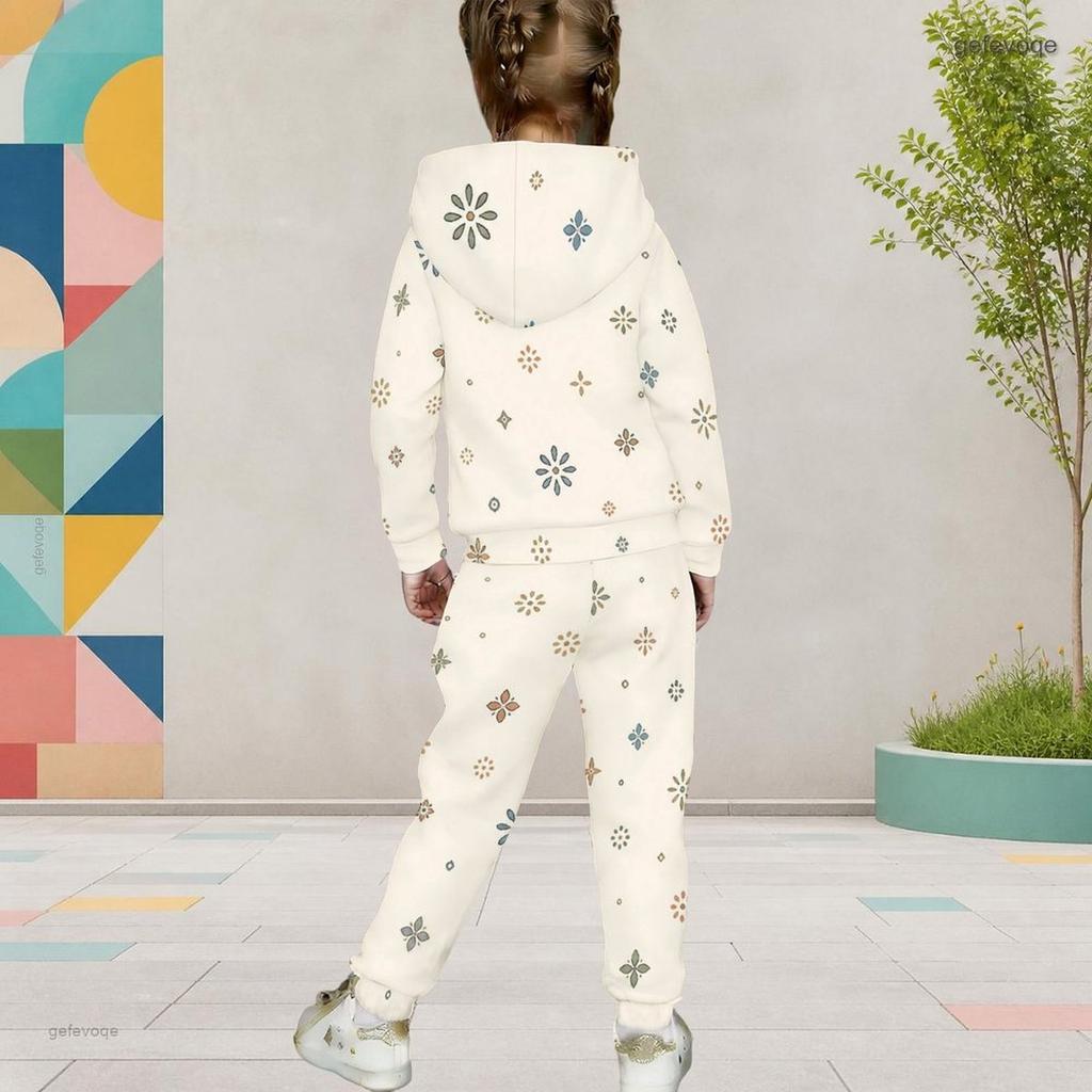 Girls Hooded Long Sleeve Printed Two Piece Set Kangaroo Pocket Cuffed Pants