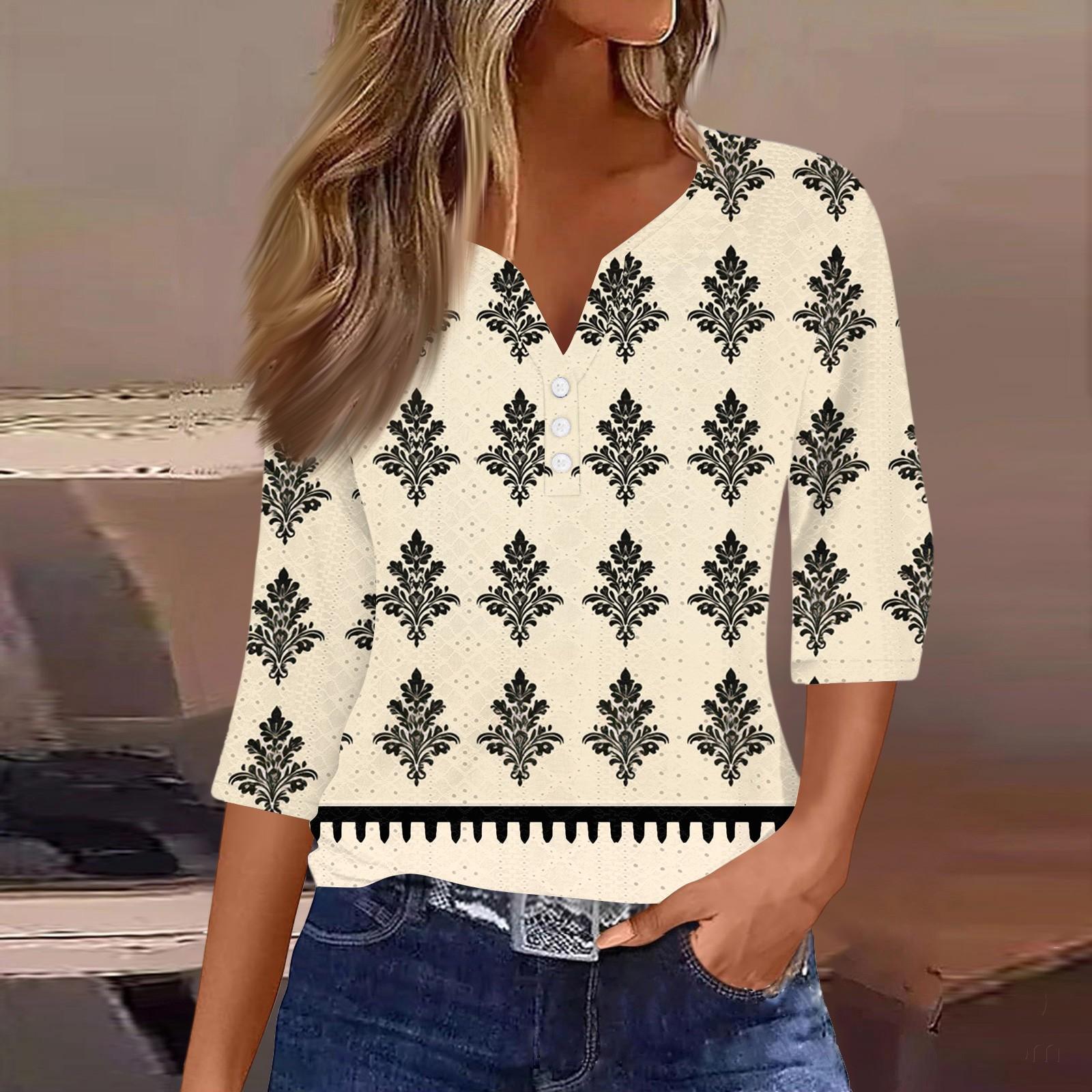 

Жен. Футболка Футболка С принтом Пуговицы Рукав 3/4Ежедневно Выходные Мода Классический Топ с v-образным вырезом Обычный XL хаки