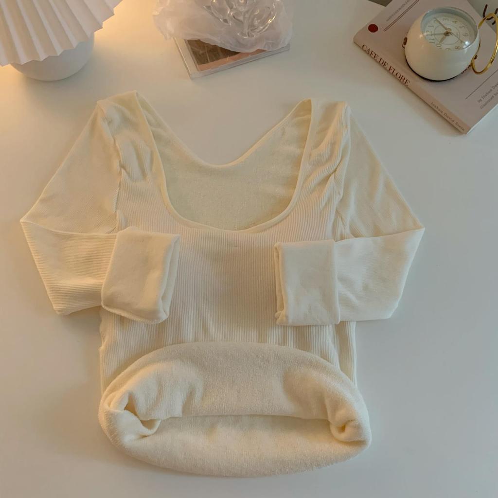 Korean Long Sleeve Fleece-Lined Slim Fit Square Neck Undershirt for Women