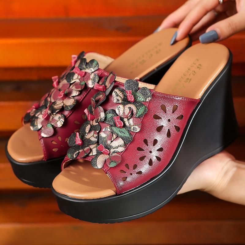 Fashion GKTINOO Summer Woman Shoes Platform Slippers Wedge Genuine Leather Women High Heel Slippers For Women Retro Sandals Female Shoes