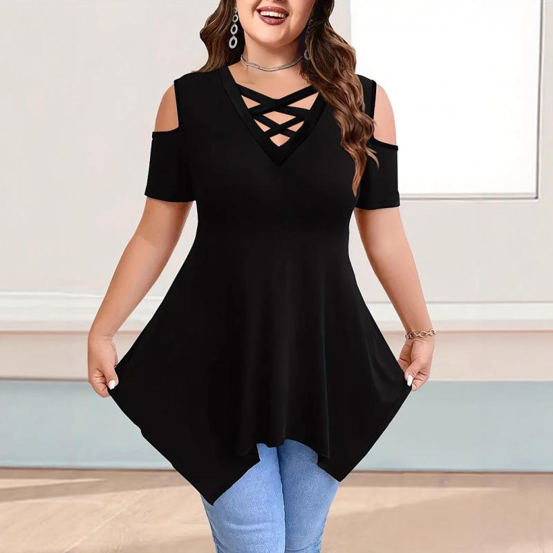 V-Neck Off-Shoulder Short Sleeve Crossover Strap Women's T-Shirt