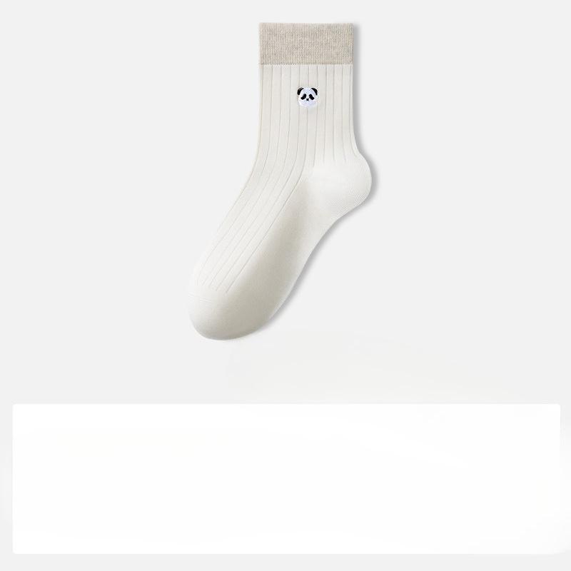 Sock Pure Cotton Mid-Calf Socks Anti-Bacterial Anti-Turning Balls Cute Embroidered Panda Autumn-Winter