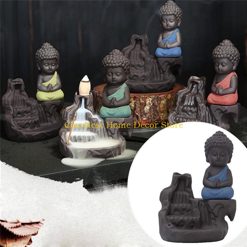 92MF Ceramic Little Monk Smoke Backflow Cone Censer Holder Incense for Burner Decorat